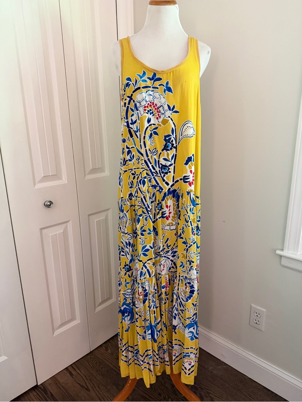 Anthropologie Maeve Yellow Maxi Dress with Blue Floral Print- M